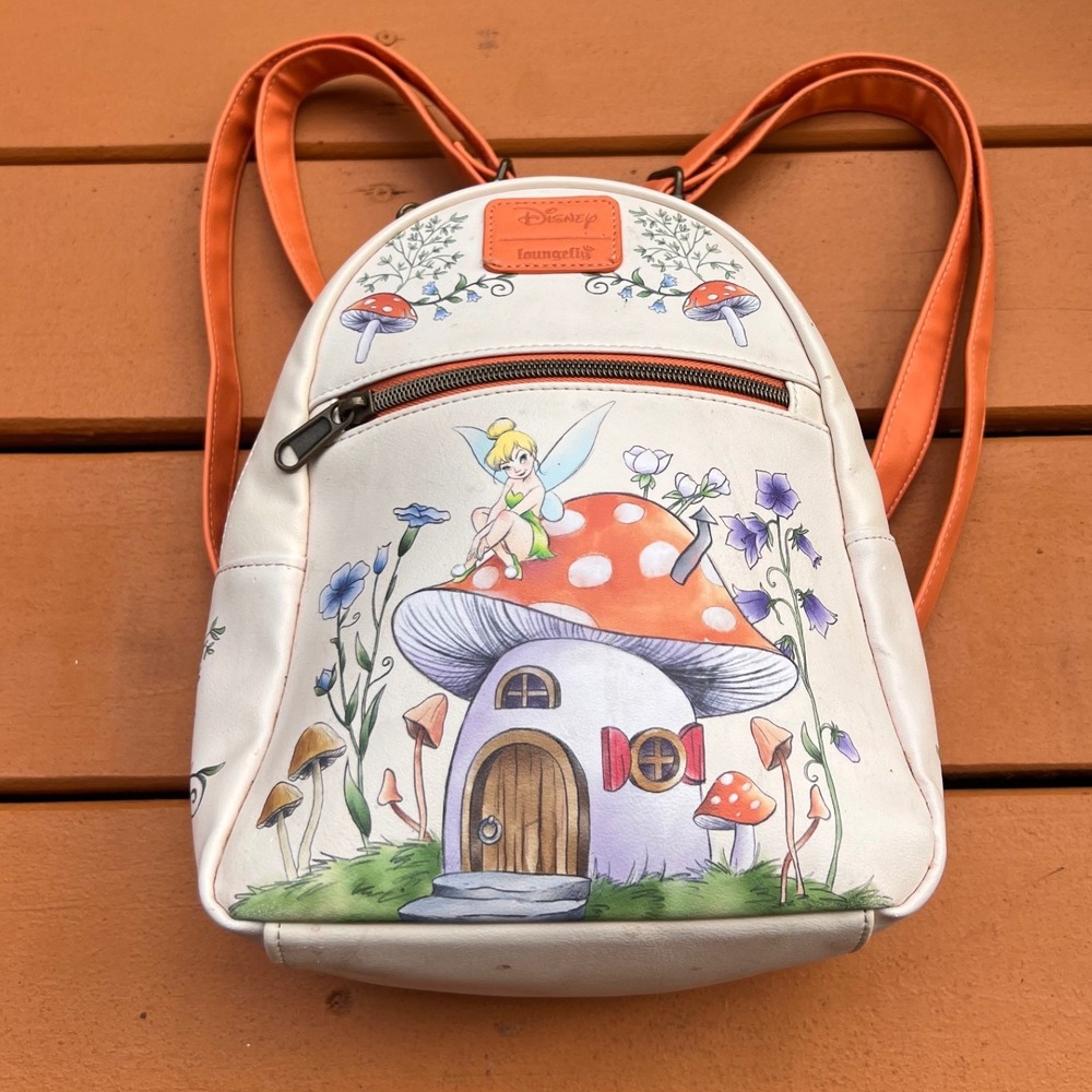 Disney Loungefly Tinker Bell Mushroom House Mini Backpack Cream Orange Fairy Bag